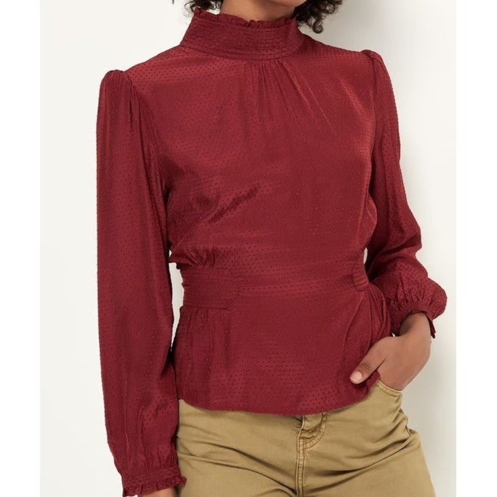 Ba&sh Blouse Victorian Neck Feminine Dandy Jacquard Top Carmine Maroon Sz S